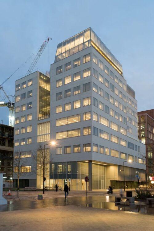 An image of the Aga Khan Centre building from outside taken in the evening view