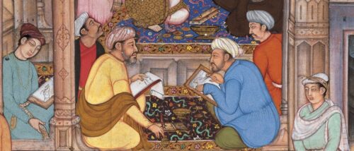A colourful sketch with four Arab scholars sitting and working together, fifth on the left working on his own, while the sixth one on the right standing in a respectful posture, an image from olden times