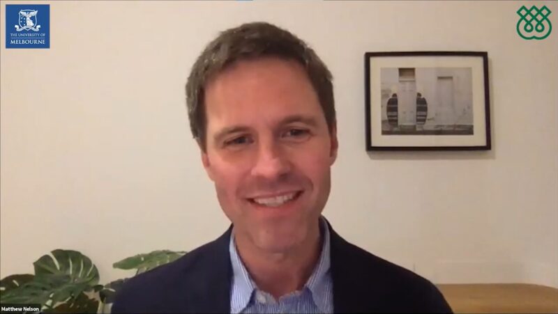 A screenshot from a webinar on Understanding Sharia, with a leading thinker in a suit addressing the virtual audience with Univerisity of Melbourne symbol on the top left and IIS logo on the top right corner