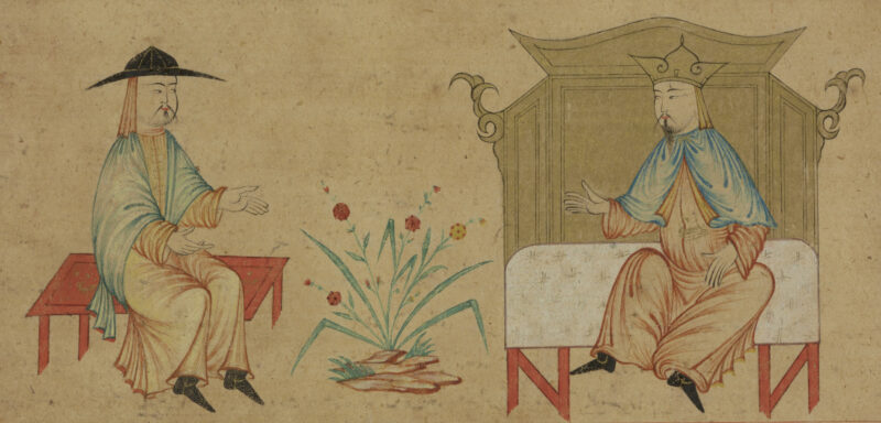 A sketch with one person sitting in a king chair and speaking with another person sitting in a normal chair, both look like Chinese