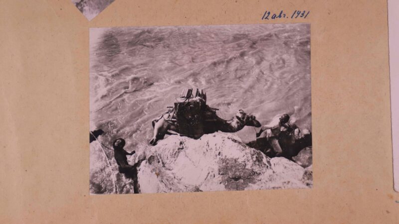 A Camel walking in a desert with people on its back (image from a coin)