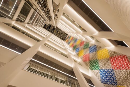 An inverted bird eye view showing the inside of Aga Khan Centre building taken from the first floor