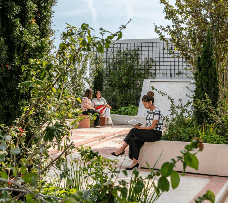 A rear view image of a girl (in the frame) reading and two women (in the blurry background) sitting in the terrace garden of AKC