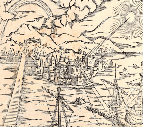 An outstanding sketch capturing basic features of a sea port with clouds, mountains and trees on the top front and buildings in a V shaped island, a bridge on the connecting the town on the left and ships floating near the harbour.