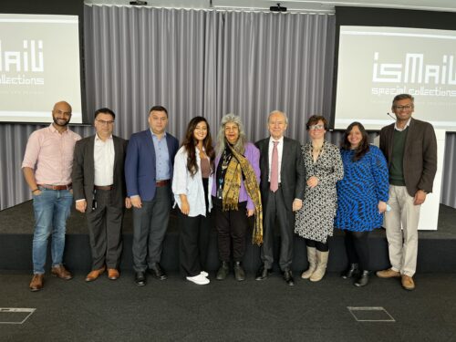 ISCU team and Communications and Development team with Professor Zayn Kassam clicking a picture at the premiere of Islamic Heritage event