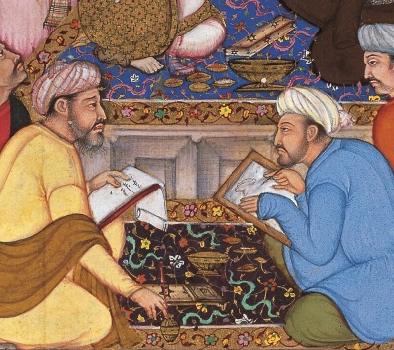 A colourful sketch with four Arab scholars sitting and working together, fifth on the left working on his own, while the sixth one on the right standing in a respectful posture, an image from olden times