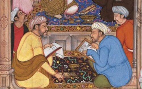 A colourful sketch with four Arab scholars sitting and working together, fifth on the left working on his own, while the sixth one on the right standing in a respectful posture, an image from olden times