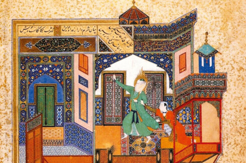 Yusuf fleeing the Advances of Zulaikha'' by Bihzad, folio from a ''Bustan'' of Sa'di. Herat, 1488. Darl al-Kutub, Adab farisi 22, f. 52b