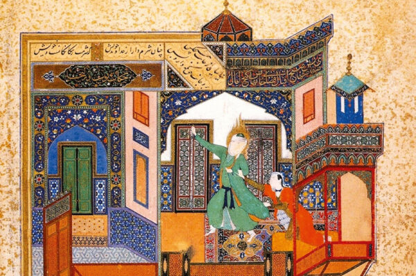 Yusuf fleeing the Advances of Zulaikha'' by Bihzad, folio from a ''Bustan'' of Sa'di. Herat, 1488. Darl al-Kutub, Adab farisi 22, f. 52b