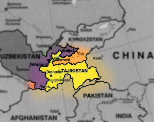 A cropped colourful map showing different countries in Asia