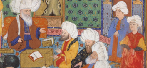A colourful sketch of some men in white turbans sitting around a scholar listening to the teaching and two other men standing behind them.