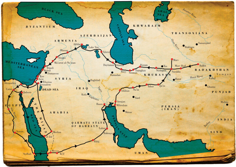 A map with yellow colour showing land and blue showing water, with red lines on it